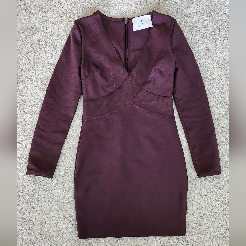 OKAKIE Elegant Burgundy Long Sleeve Dress